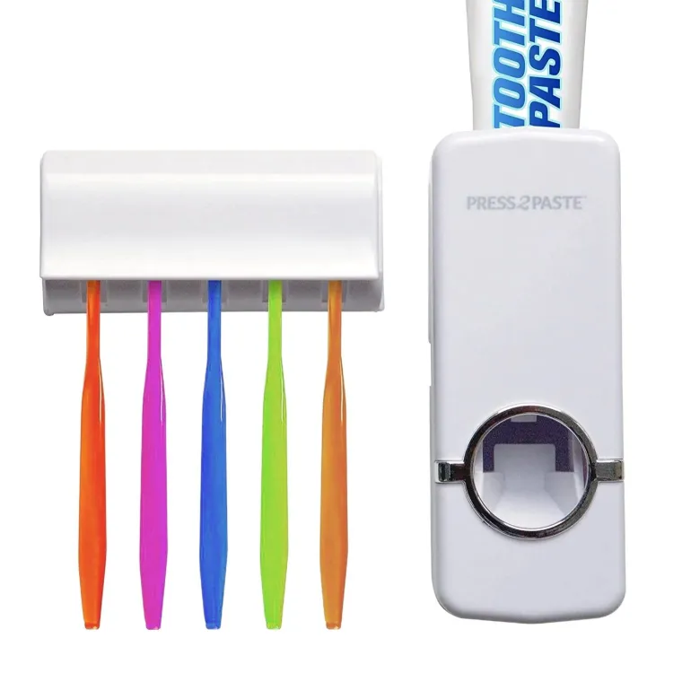 Automatic toothpaste dispenser and five-slot toothbrush holder set, white